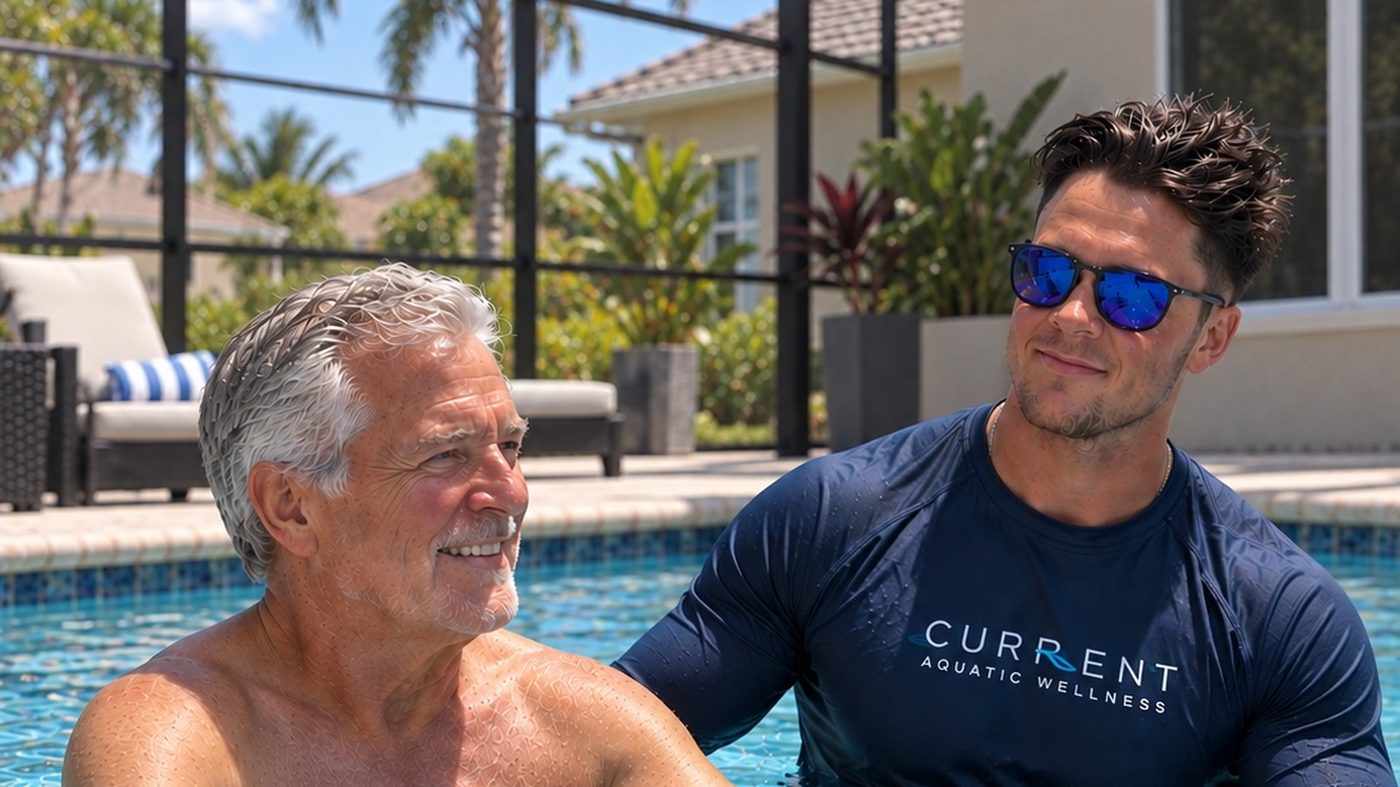 Jayce coaching a client through water-resistance strength training in a screened Southwest Florida home pool